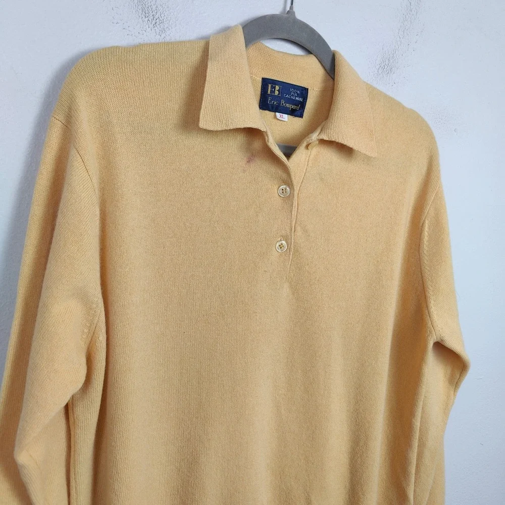 Vintage Eric Bompard 100% Cashmere Polo Sweater Mens‎ XL Yellow Long Sleeve Knit
